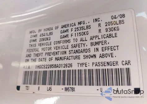 2008 Honda Accord 3.5 Ex-L z USA, uszkodzony, nr VIN 1HGCS22858A012626